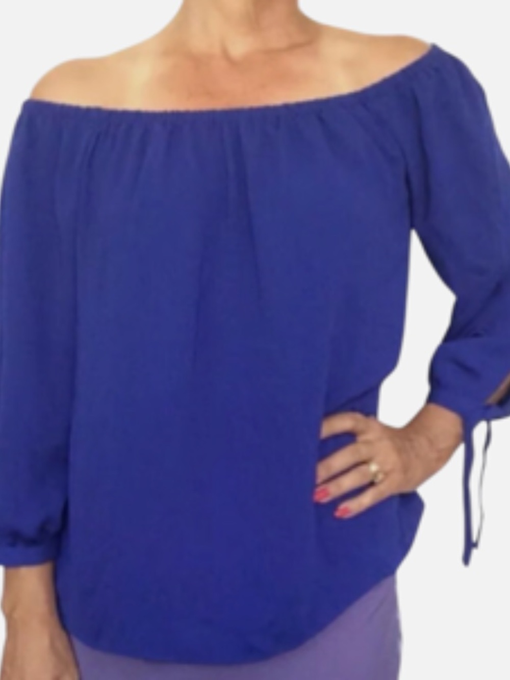 J. Crew Royal Blue OFF-THE-SHOULDER Top/Blouse, Tie Sleeves FLOWY/PEASANT, Sz S - Picture 2 of 5